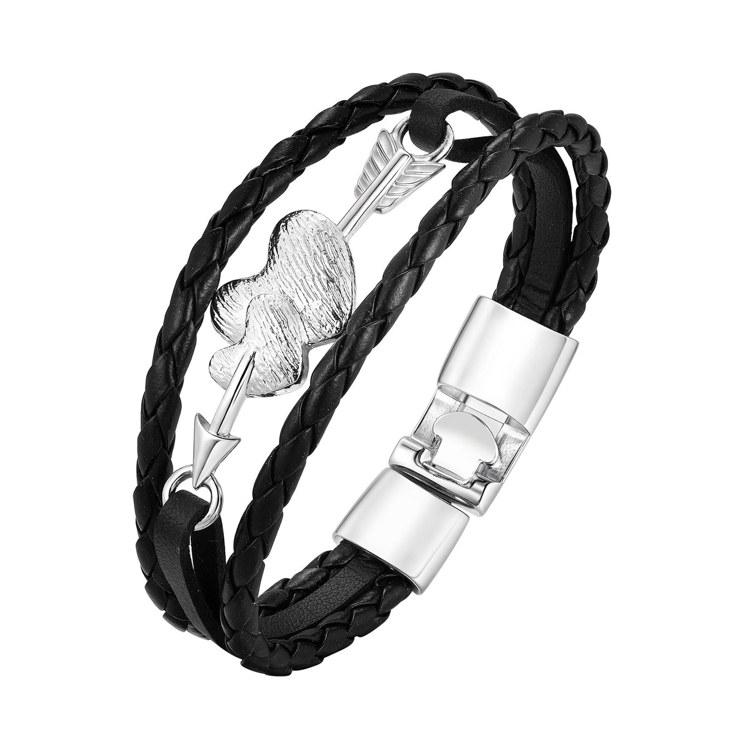 Kemstone Heart Arrow Leather Bracelet Double Braided PU Cord with Alloy Clasp for Men BL-822