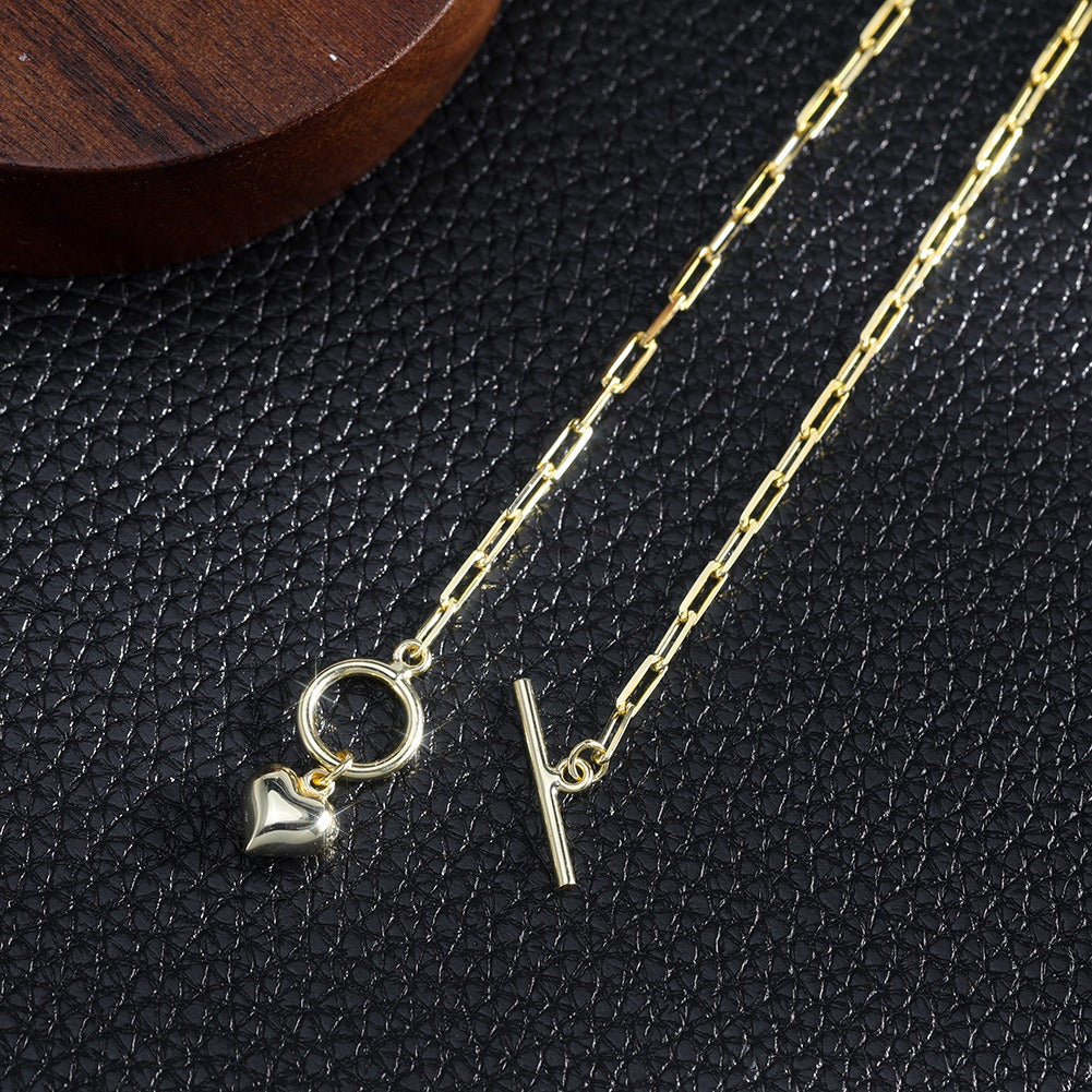 Kemstone Toggle Clasp Necklace for Women 925 Sterling Silver Chain with Heart Charm Gold Silver SC97