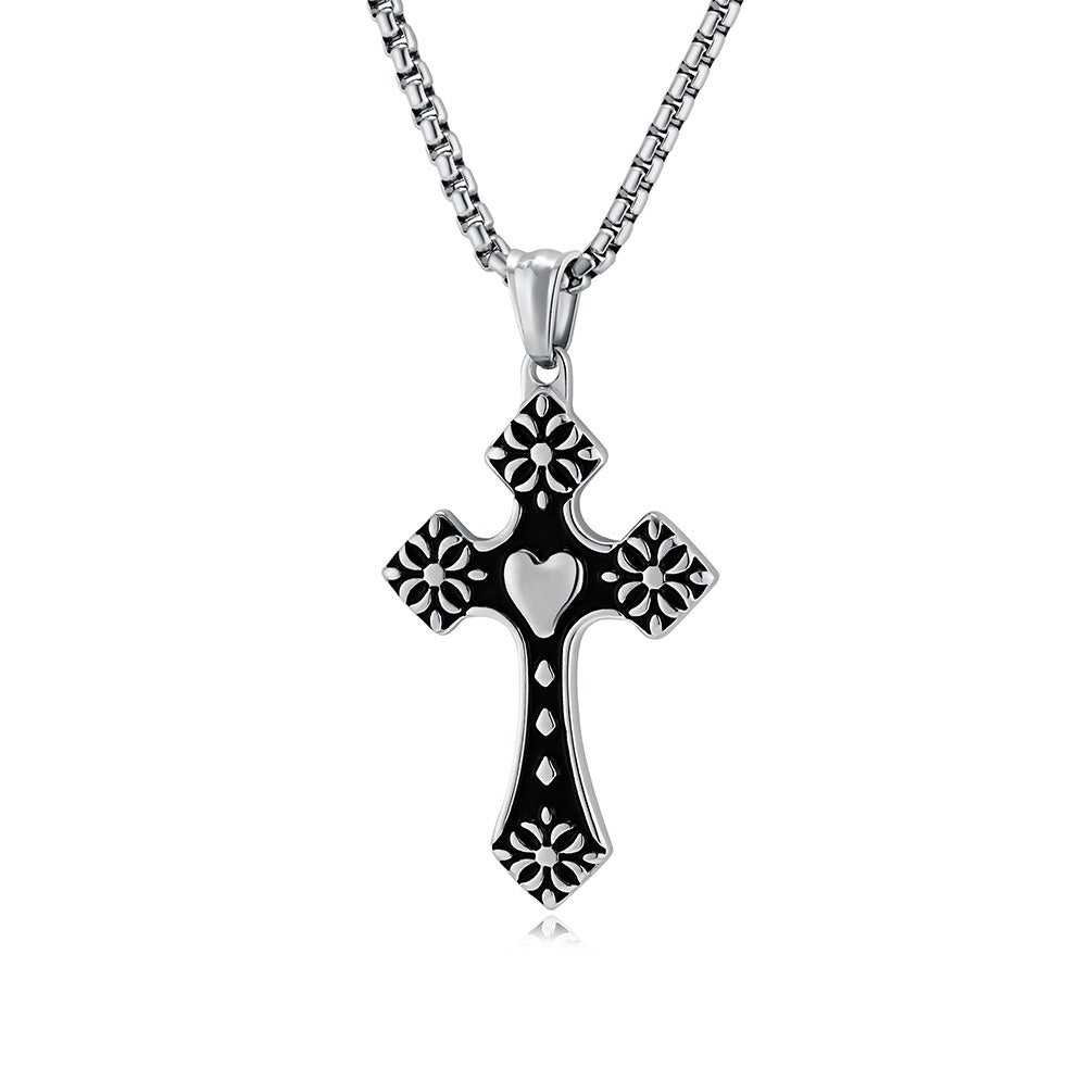 Kemstone Stainless Steel Heart Cross Pendant Necklace for Men Vintage Black Silver K-PT568