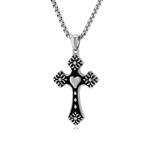 Kemstone Stainless Steel Heart Cross Pendant Necklace for Men Vintage Black Silver K-PT568