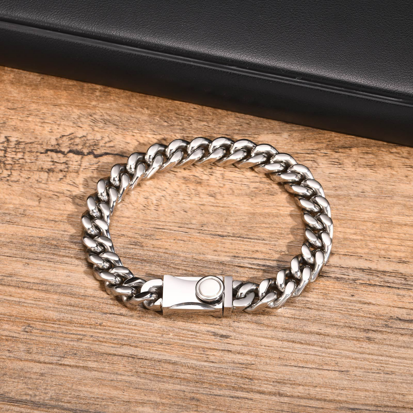 Kemstone Stainless Steel Cuban Link Bracelet for Men Button Clasp Silver BR-2141S