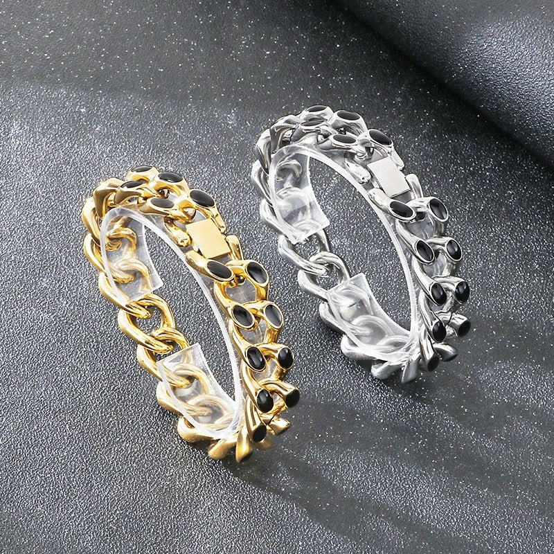 Kemstone Cuban Link Bracelet for Men Titanium Steel Black Inlay Chunky Heavy Chain Hip Hop Gold Silver KB202409-KJX