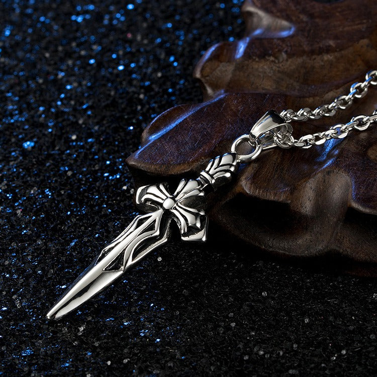 Kemstone Sword Cross Pendant Necklace for Men – Stainless Steel Silver K-PT155