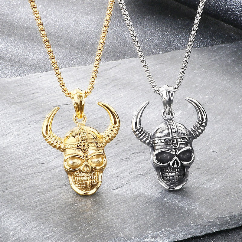 Kemstone Skull Pendant Necklace for Men Titanium Steel Horned Helmet Gold Silver KP116682-KJX
