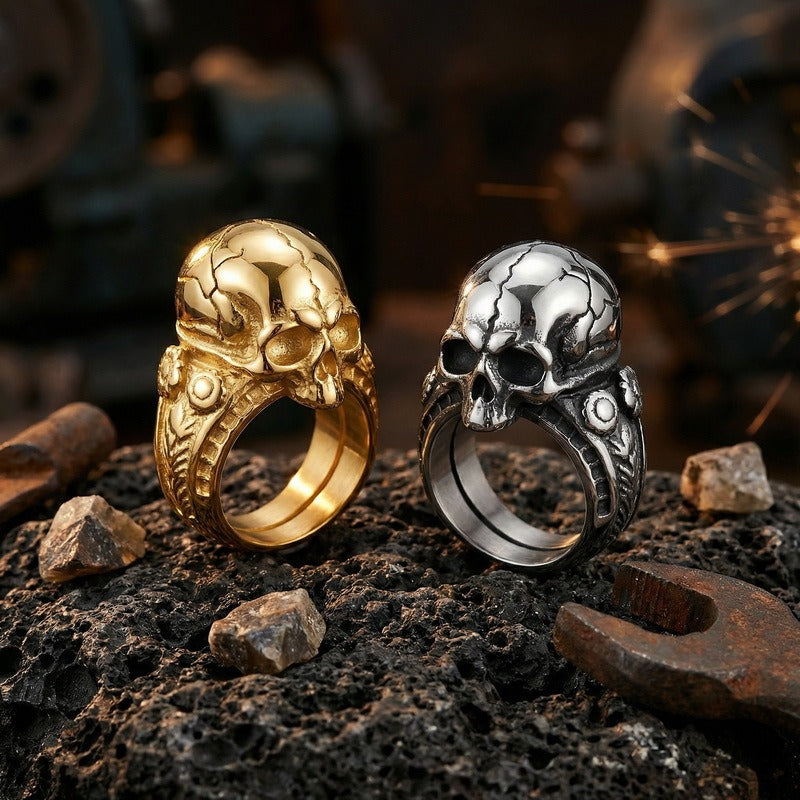 Kemstone Titanium Steel Skull Signet Ring for Men Gothic Cracked Heavy Punk KR114275-KJX