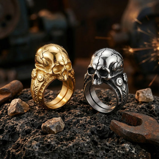 Kemstone Titanium Steel Skull Signet Ring for Men Gothic Cracked Heavy Punk KR114275-KJX