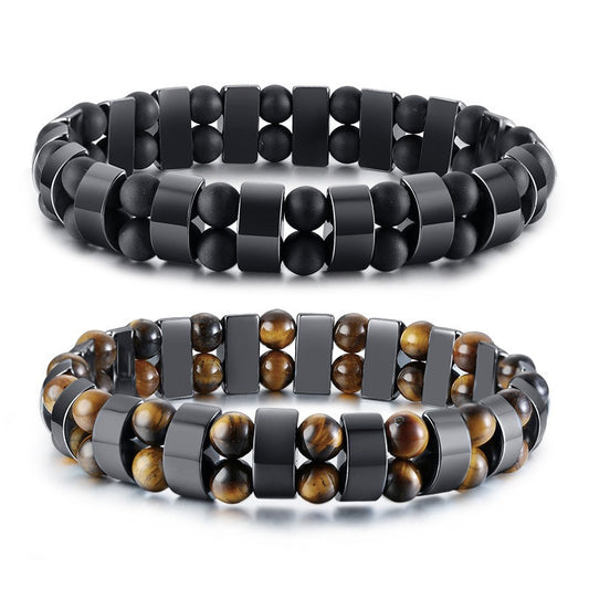 Kemstone Hematite Beaded Bracelet – Tiger Eye or Black Beads with Elastic Design for Men BR-703