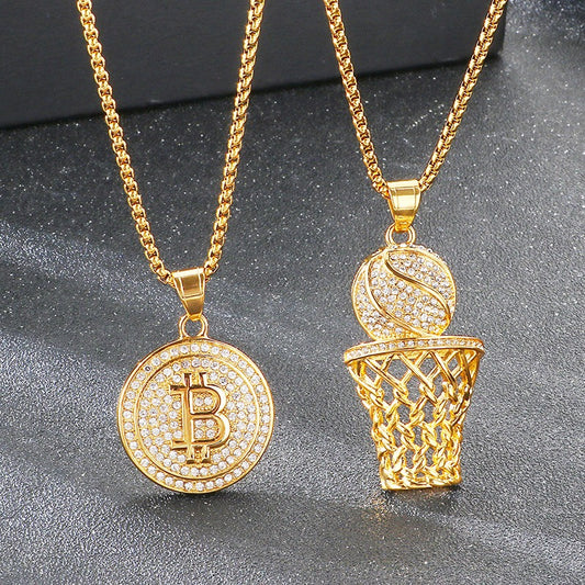 Kemstone Basketball Hoop Coin Pendant Necklace for Men – Rhinestone Titanium Steel Hip Hop Style KP117911-MZOZ