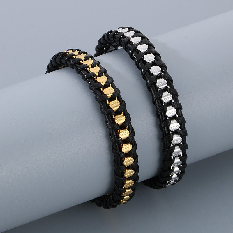 Kemstone Titanium Steel Braided Leather Strap Bracelet for Men Hip Hop Streetwear KB179967-YA
