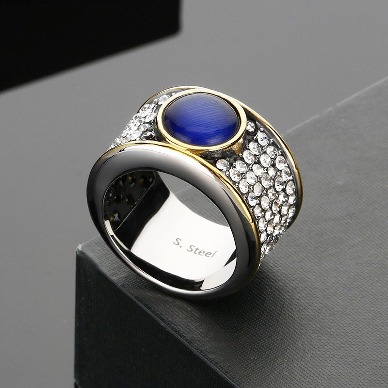 Kemstone Titanium Steel Cat Eye Ring for Men – Blue Stone Hip Hop Style KR114130-GC