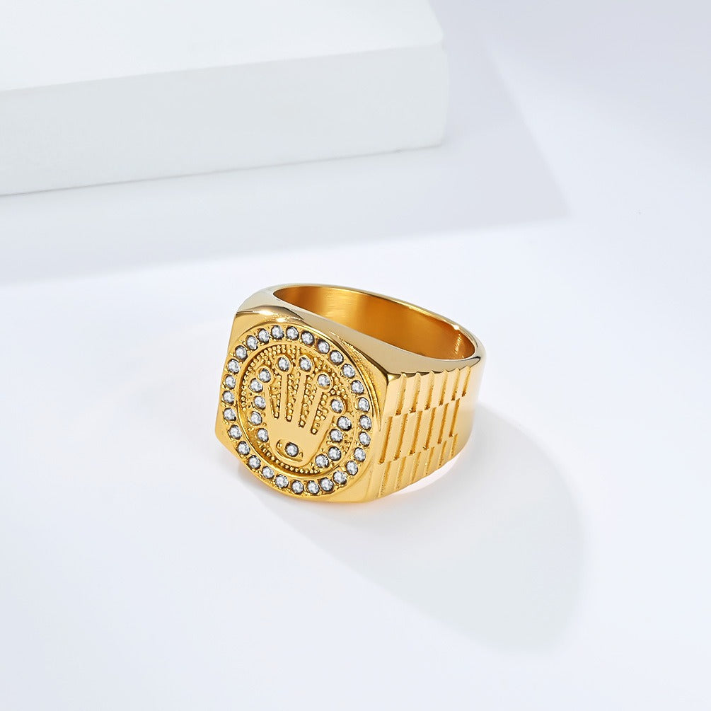 Kemston Crown Signet Ring for Men Stainless Steel Hip Hop Iced Out Band K-R1080