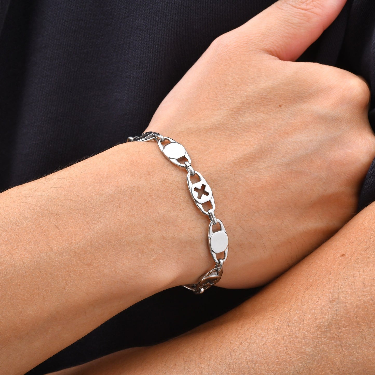 Kemston Stainless Steel Hollow Cross Chain Bracelet for Men Layered Stackable Design BR-3111S