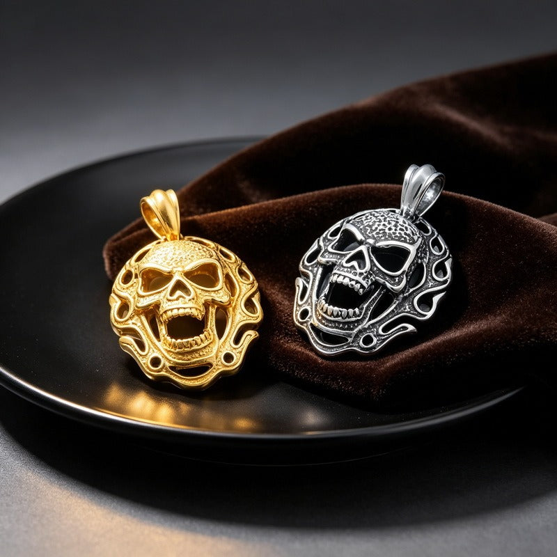 Kemstone Stainless Steel Flame Skull Pendant Necklace for Men Medallion KP118157-KJX