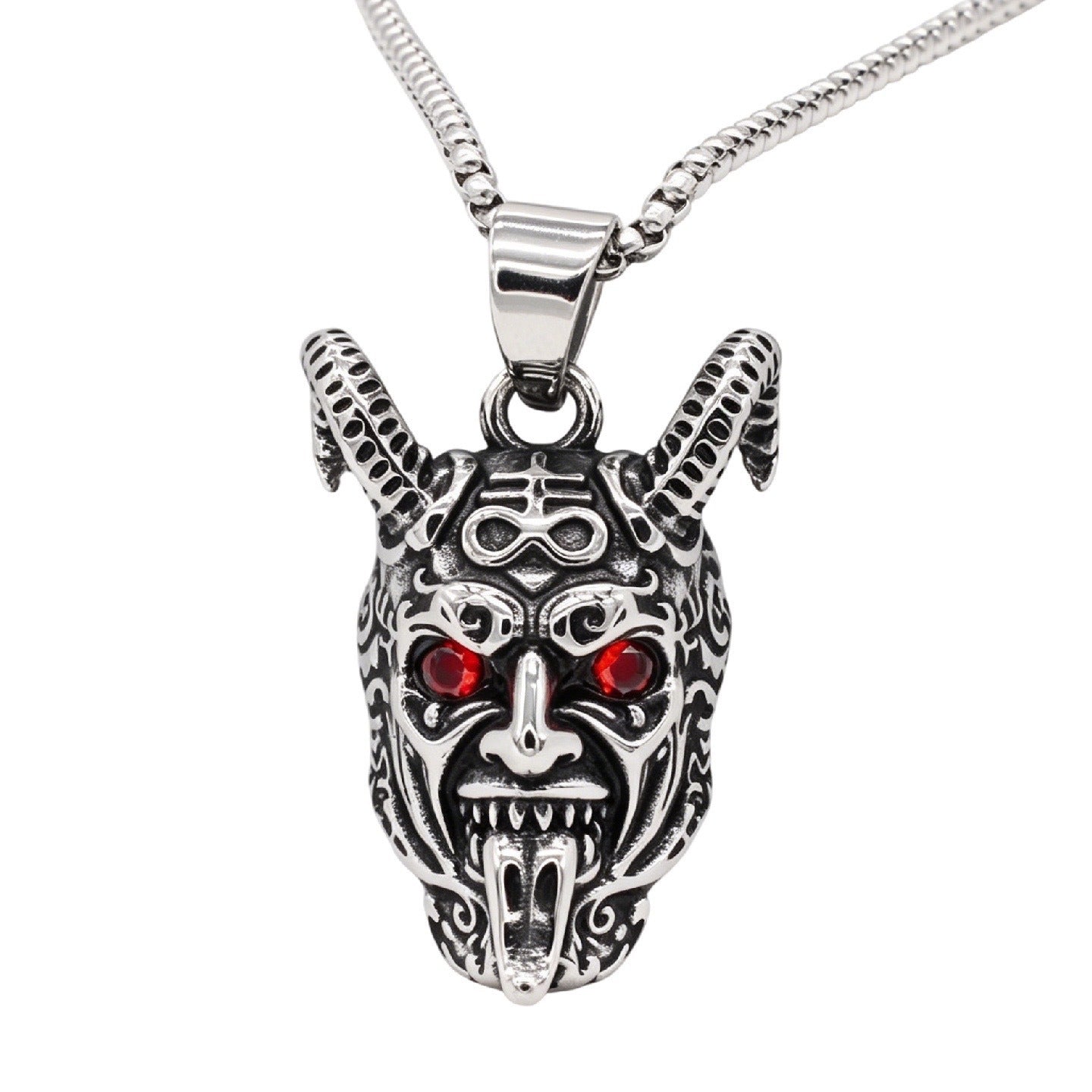 Kemstone Horned Skull Pendant Necklace for Men Gothic Mask Red/Black Stone P1556