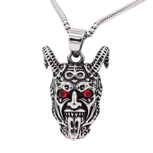 Kemstone Horned Skull Pendant Necklace for Men Gothic Mask Red/Black Stone P1556