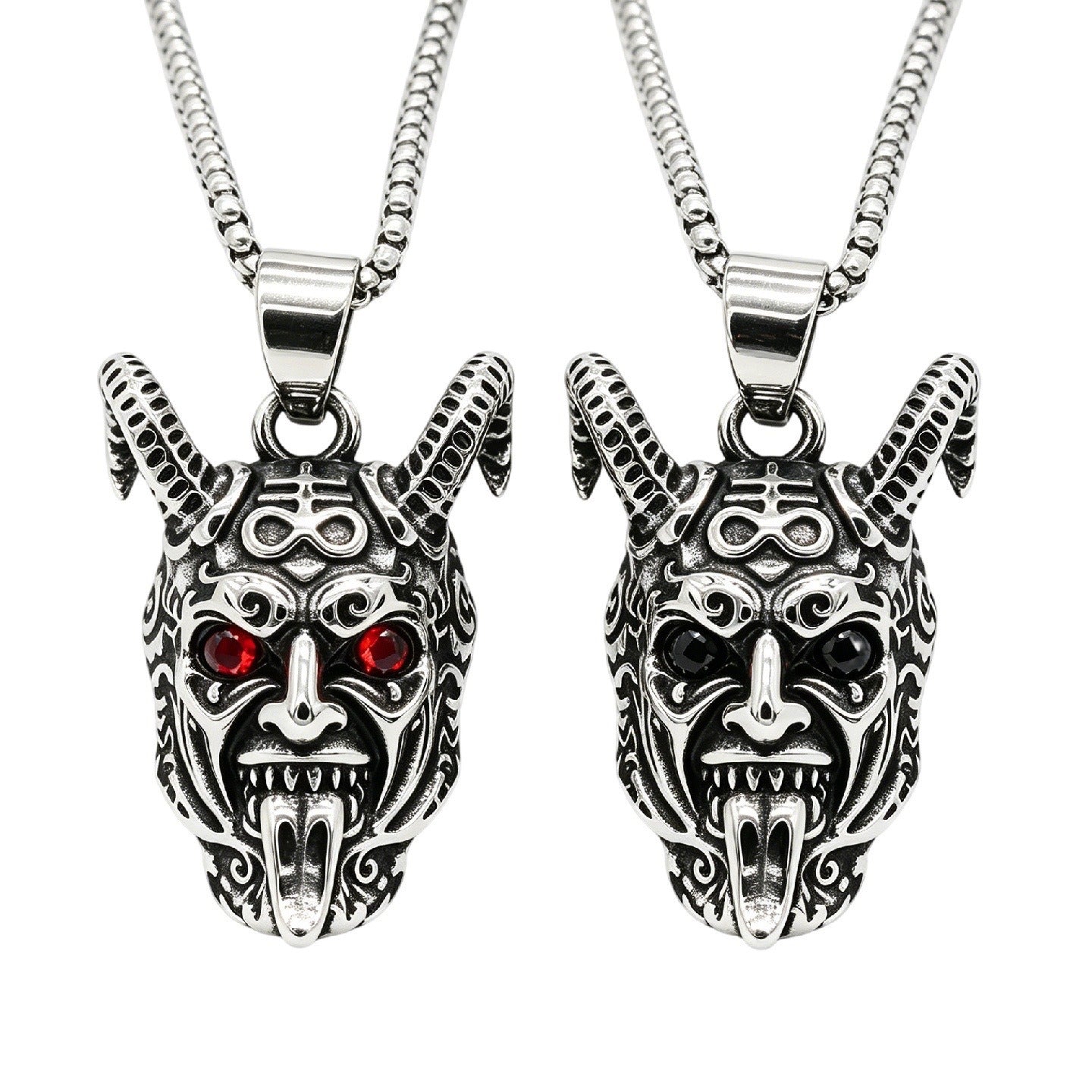 Kemstone Horned Skull Pendant Necklace for Men Gothic Mask Red/Black Stone P1556