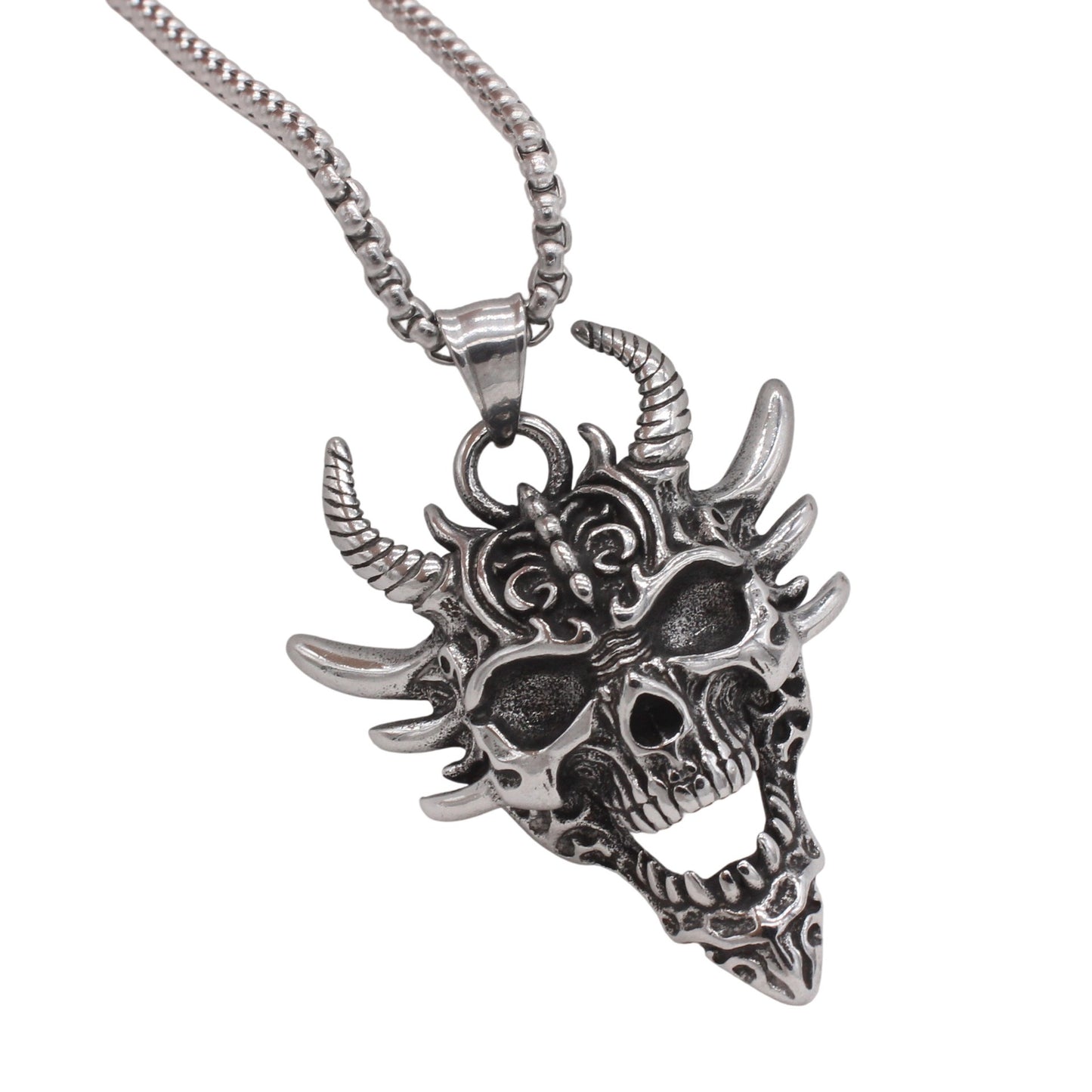 Kemstone Titanium Steel Skull Pendant Necklace – Vintage Gothic Horn Design for Men P1506