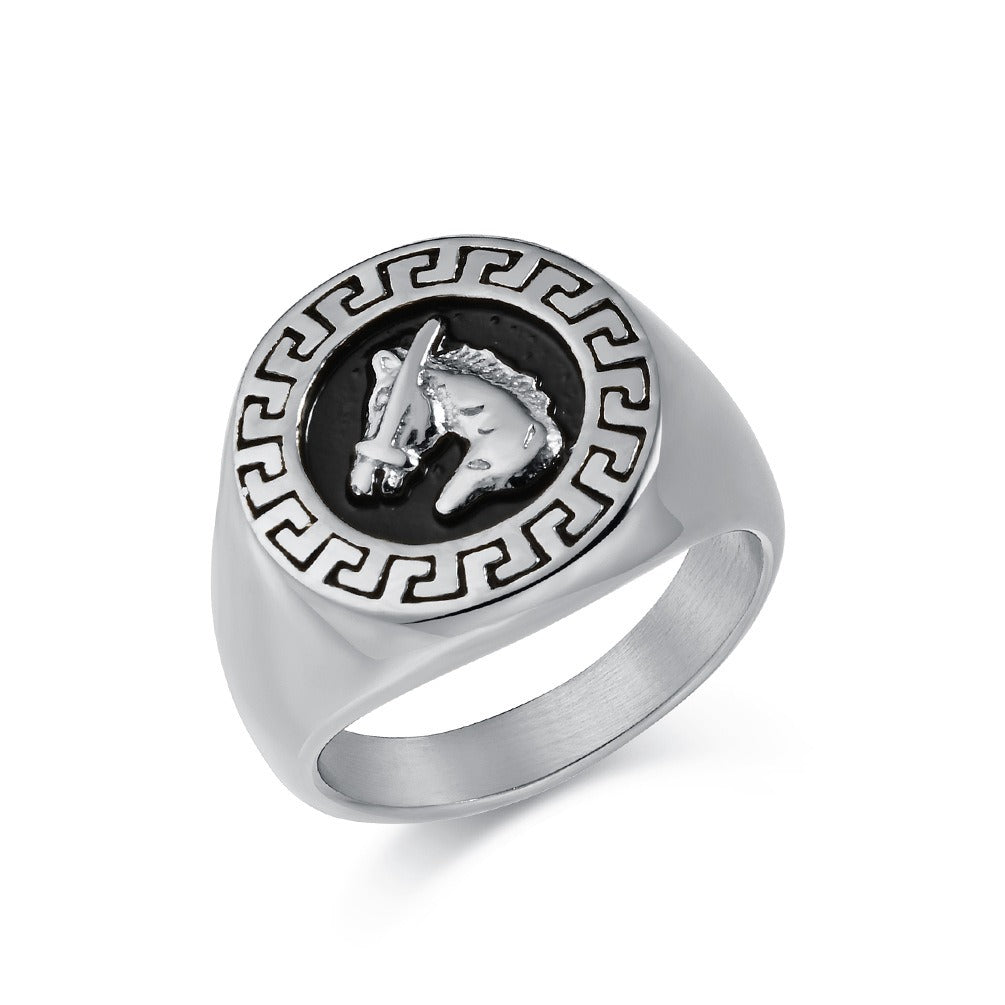 Kemstone Stainless Steel Horse Head Signet Ring – Vintage Relief Style for Men K-R956