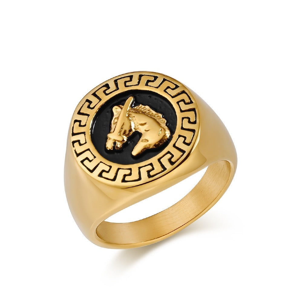 Kemstone Stainless Steel Horse Head Signet Ring – Vintage Relief Style for Men K-R956