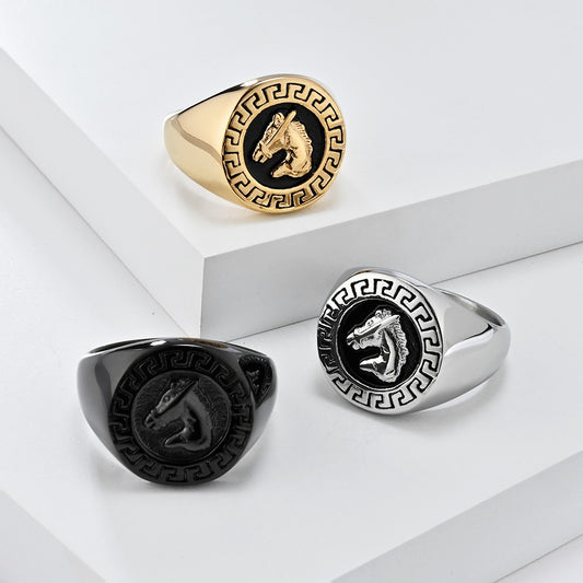 Kemstone Stainless Steel Horse Head Signet Ring – Vintage Relief Style for Men K-R956