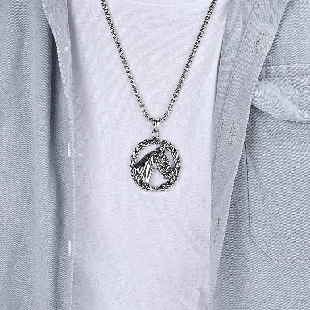 Kemstone Stainless Steel Horse Head Wreath Pendant Necklace for Men - Vintage Style K-PT448