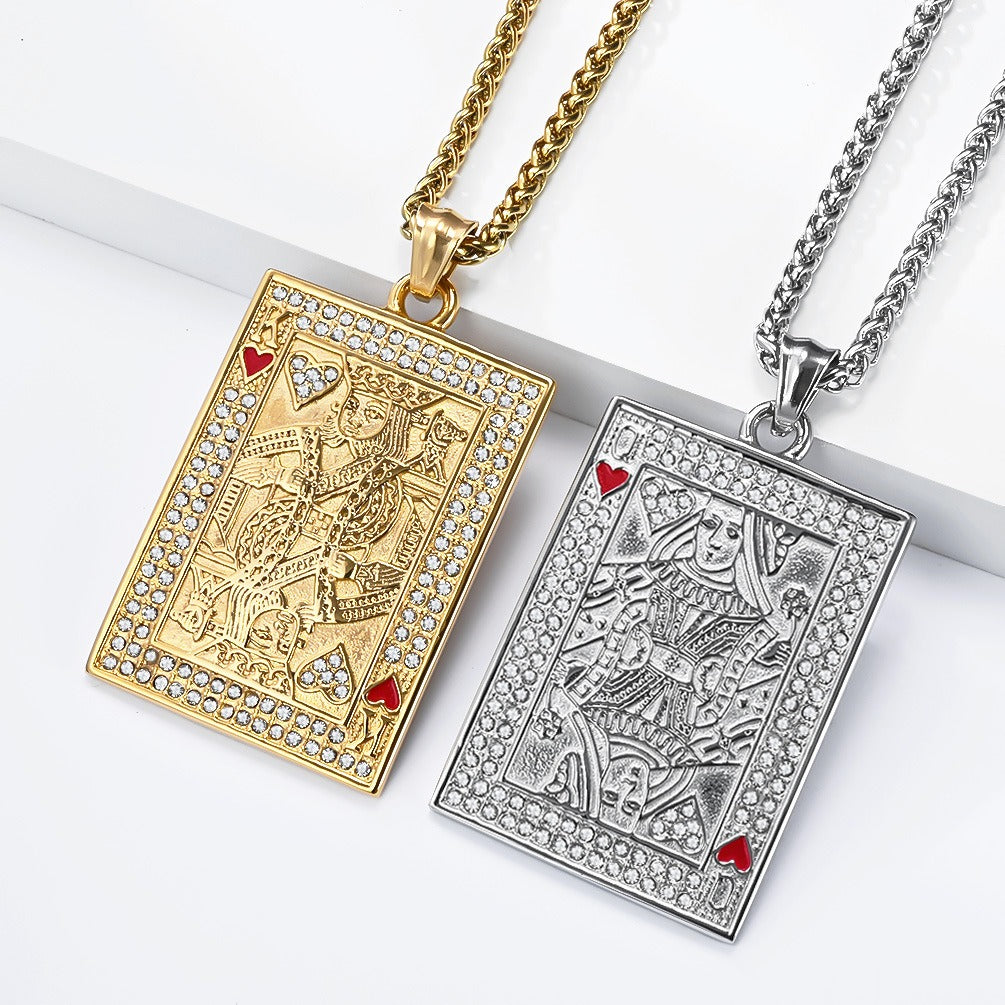 Kemstone Stainless Steel Playing Card Pendant Necklace for Men Women Iced Heart King K-PT719