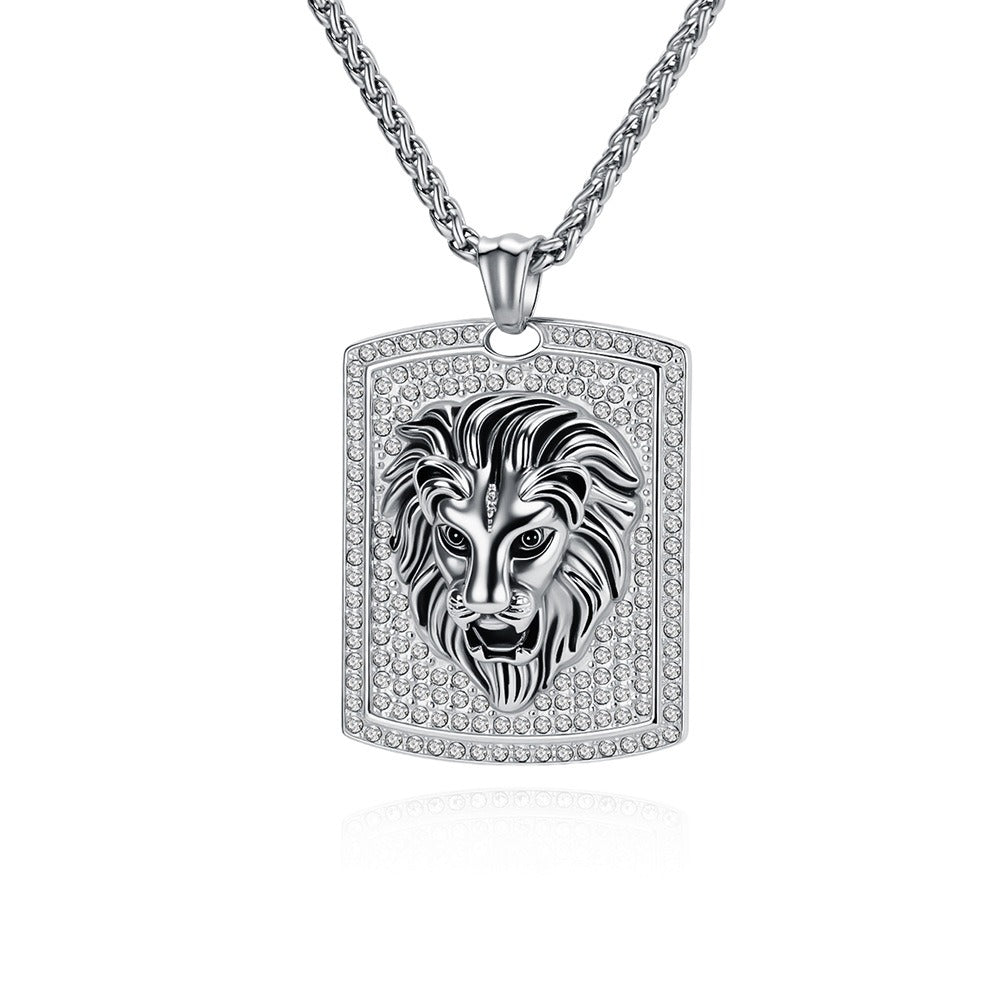 Kemstone Stainless Steel Lion Head Pendant Necklace for Men Iced Rhinestone Tag K-PT718