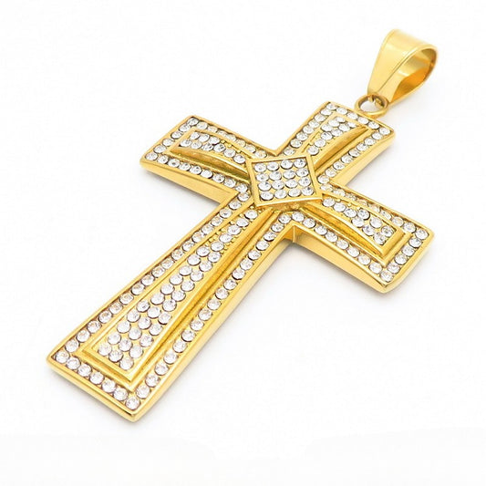 Kemstone Iced Out Cross Pendant Necklace – Titanium Steel Double Layer Bling Jewelry KP130467-MZOZ