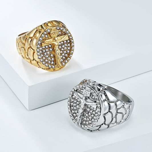 Kemstone Cross Signet Ring for Men Stainless Steel Cubic Zirconia Iced Out Gold Silver K-R1012