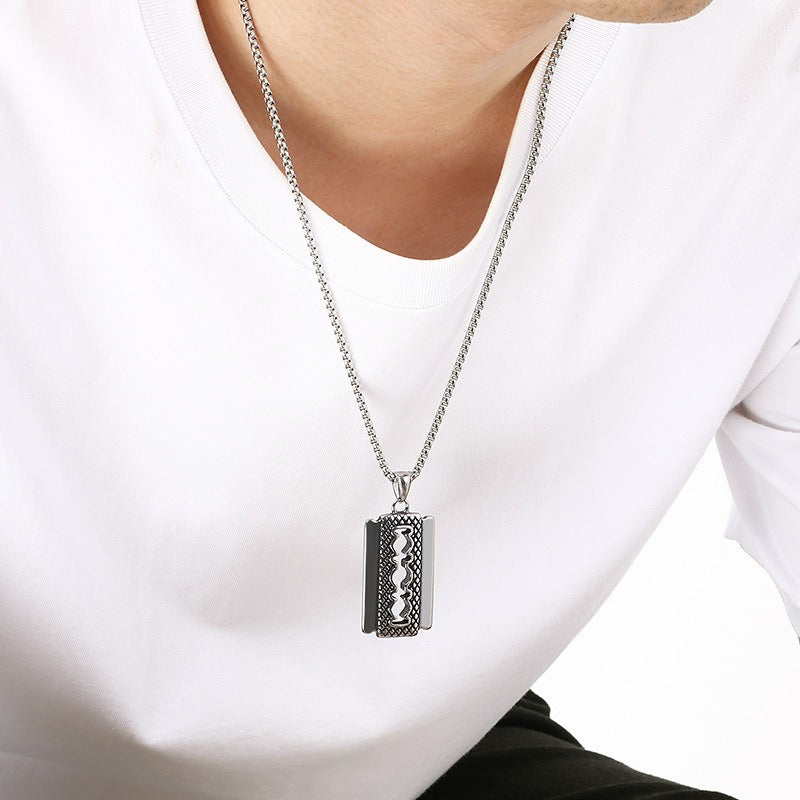 Kemstone Razor Blade Pendant Necklace – Titanium Steel Hip Hop Style for Men KP117766-LU