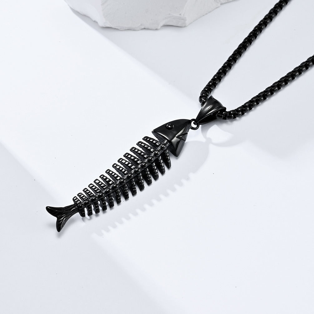 Kemstone Stainless Steel Fishbone Pendant Necklace for Men – Silver, Gold, Black K-PT434