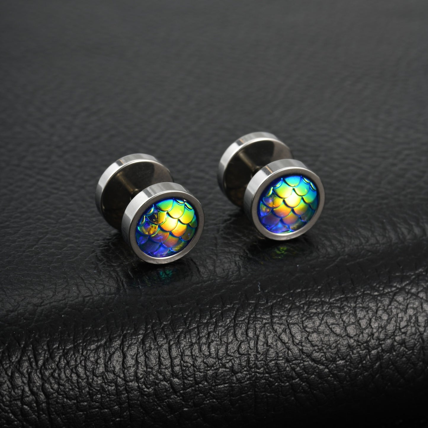 Kemstone Stainless Steel Colorful Fish Scale Stud Earrings for Men ES-832
