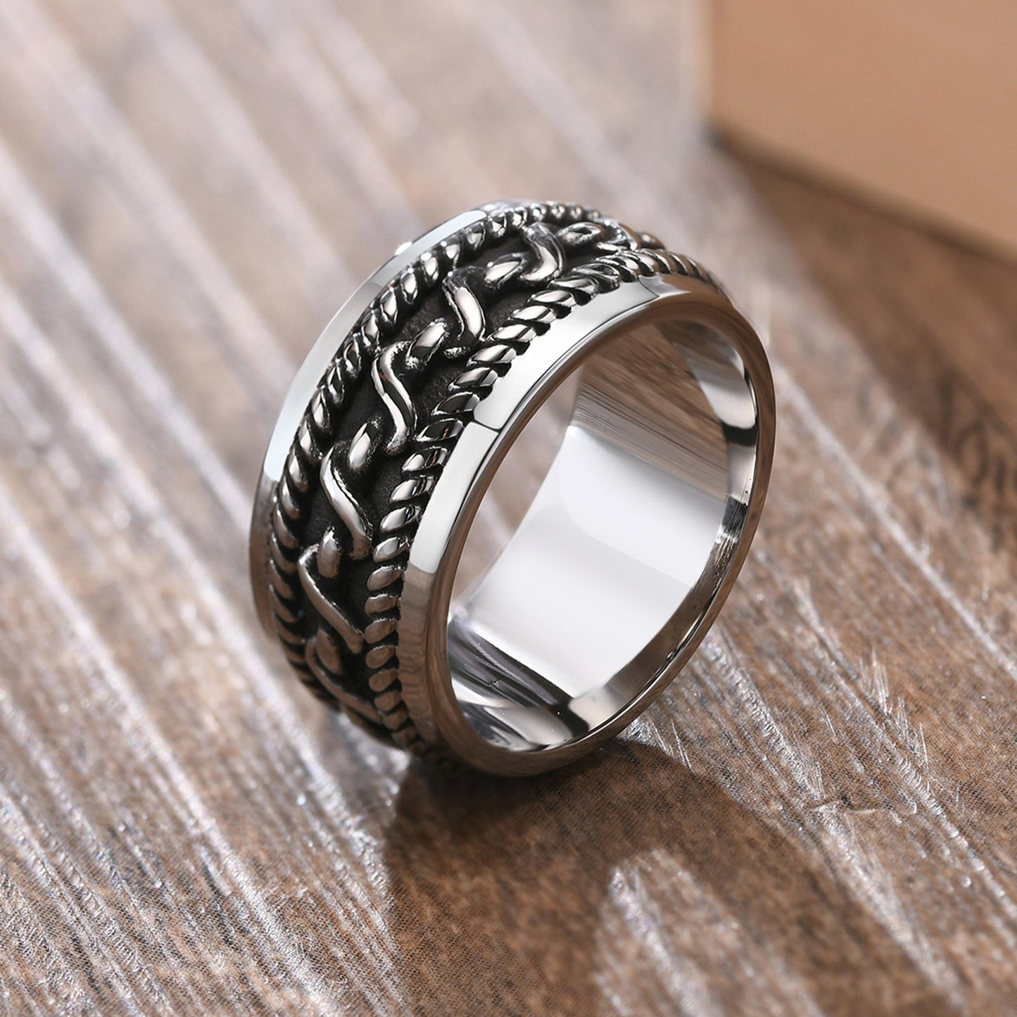 Kemstone Titanium Steel Chain Texture Ring for Men – Vintage Hip-Hop Style RC-512