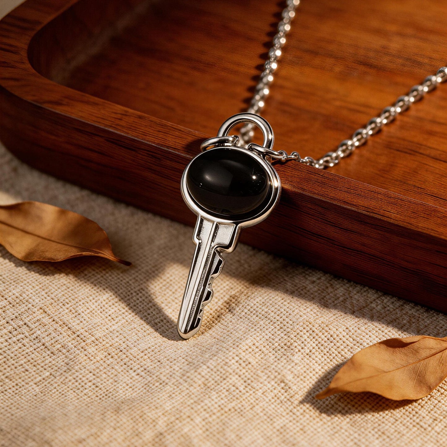 Kemstone Stainless Steel Key Pendant Necklace Black Onyx Minimalist Chain for Men & Women NC-2705
