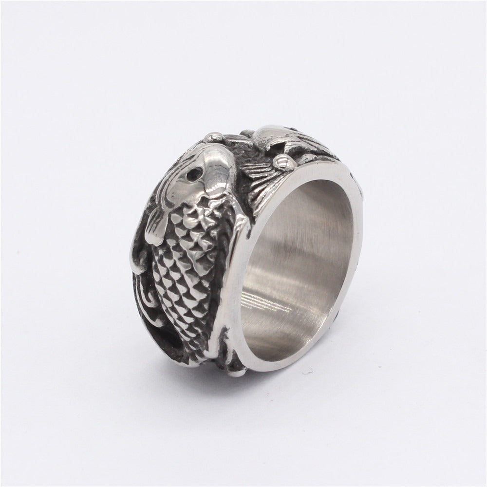 Kemston Titanium Steel Double Koi Fish Ring for Men Vintage R1375
