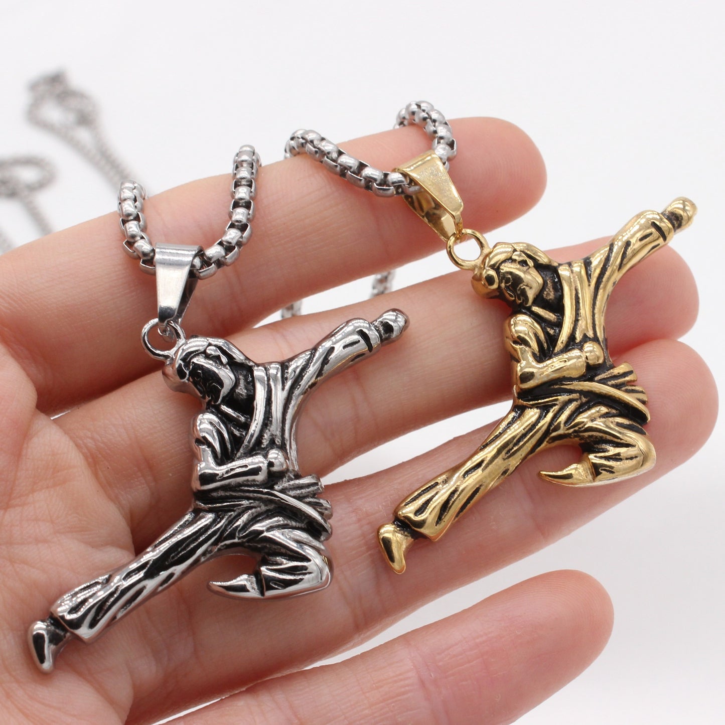 Kemstone Titanium Steel Kung Fu Figure Pendant Necklace for Men Dynamic Pose Martial Arts Design P1383