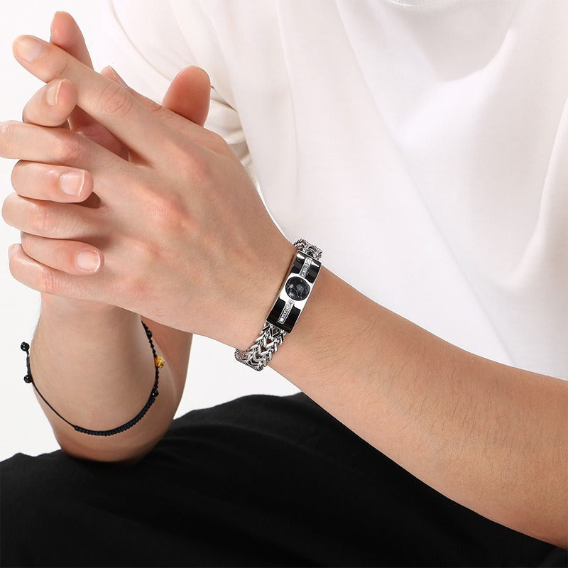 Kemstone Titanium Steel ID Bar Bracelet for Men Stone Inlay Braided Chain KB212795-KFC