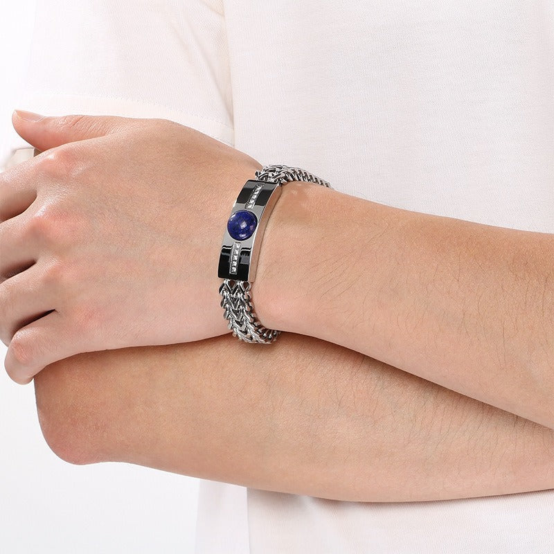 Kemstone Titanium Steel ID Bar Bracelet for Men Stone Inlay Braided Chain KB212795-KFC