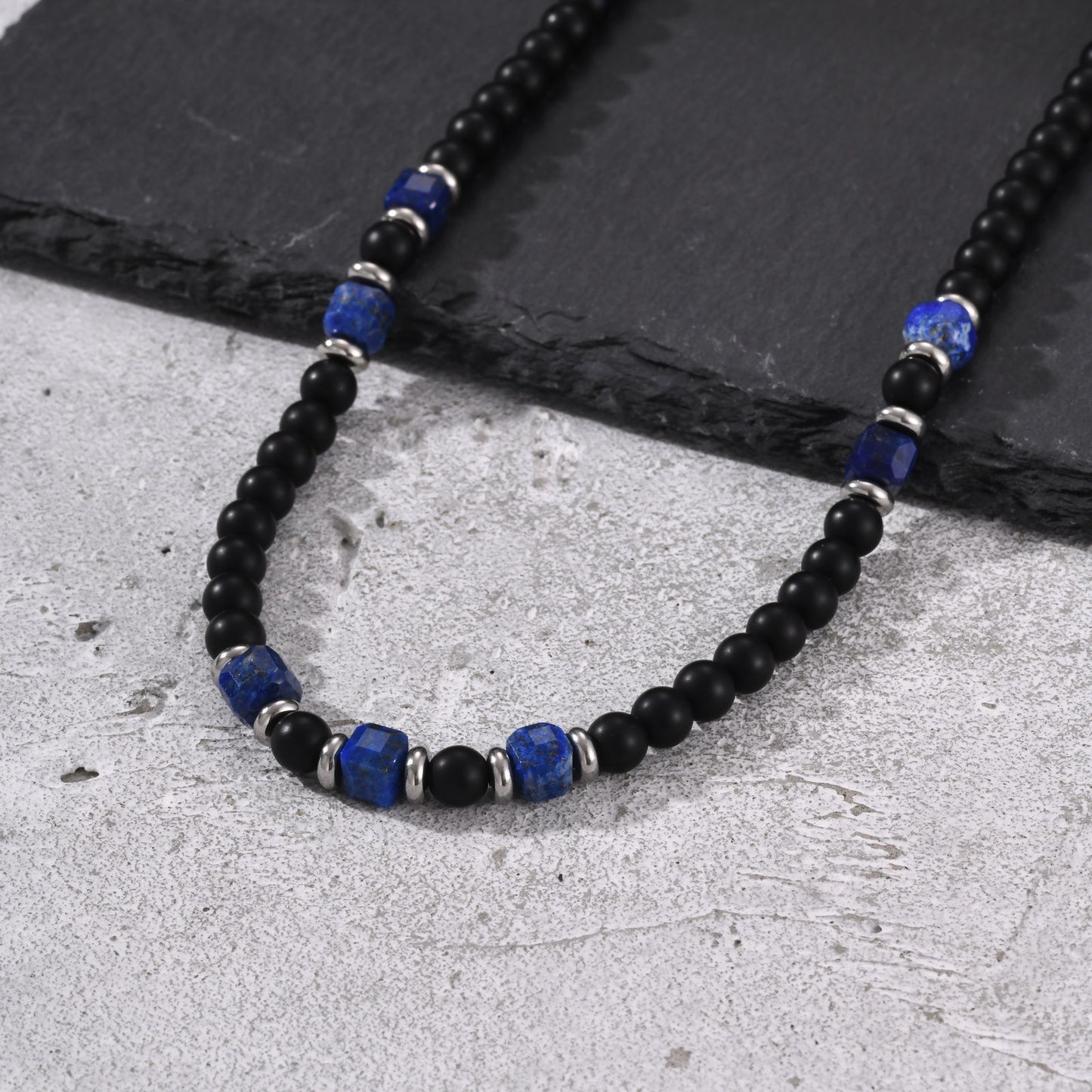 Kemston Black Agate Lapis Lazuli Beaded Necklace for Men Stainless Steel Vintage Style NC-3020