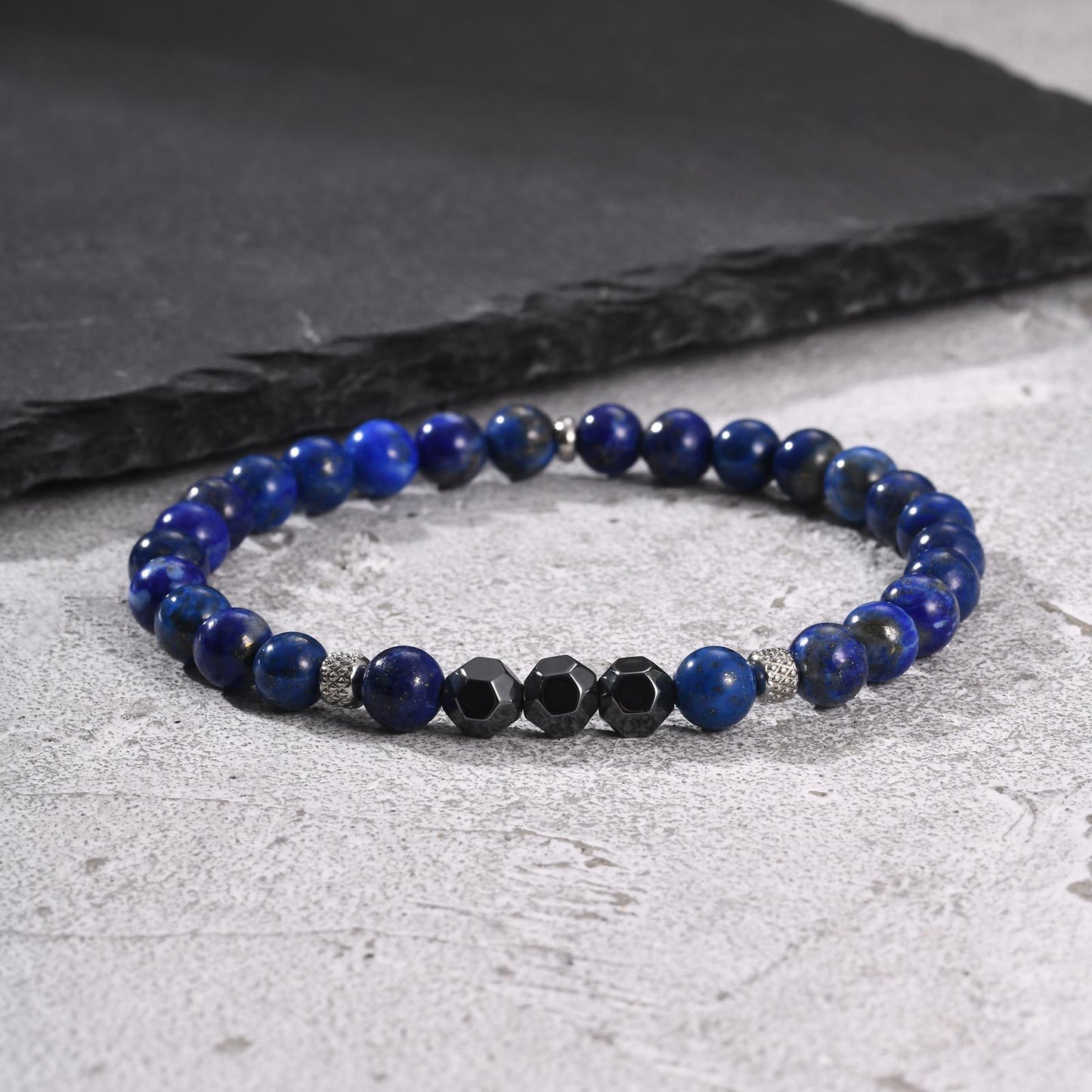 Kemston Lapis Lazuli Black Stone Beaded Bracelet for Men Stainless Steel Vintage Style BR-2917