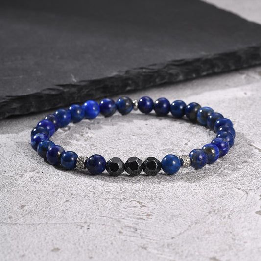 Kemston Lapis Lazuli Black Stone Beaded Bracelet for Men Stainless Steel Vintage Style BR-2917
