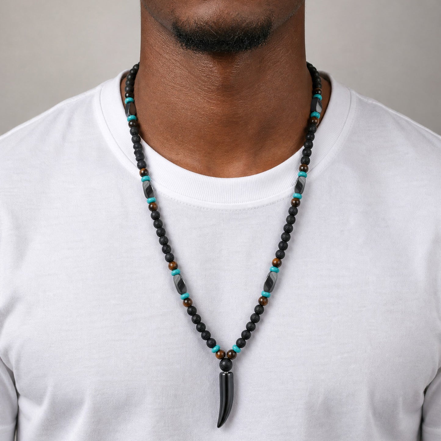 Kemston Wolf Fang Pendant Necklace for Men Stainless Steel Lava Stone Beaded NC-3019
