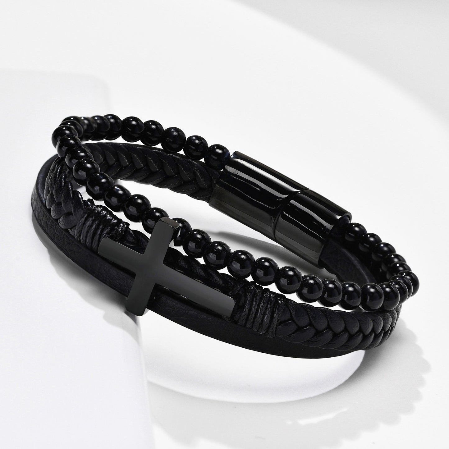 Kemstone Stainless Steel Cross Leather Bracelet for Men – Black Layered Beaded Style BL-641