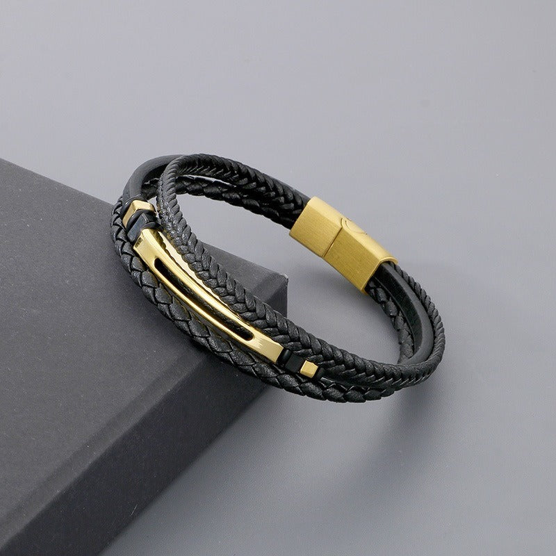 Kemstone Layered Braided Black Leather Bracelet for Men Titanium Steel Accent KB180741-JR