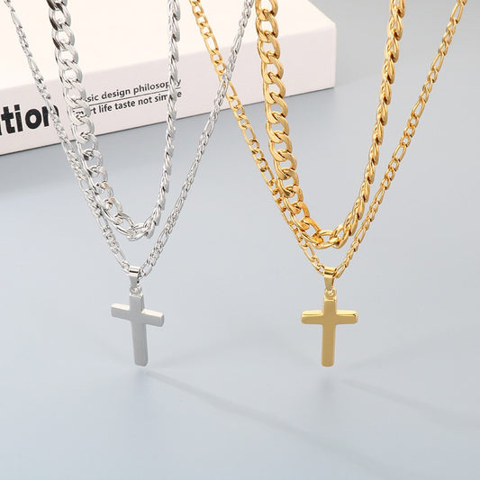 Kemstone Titanium Steel Cross Pendant Necklace for Men Layered NK Chain KN292217-Z