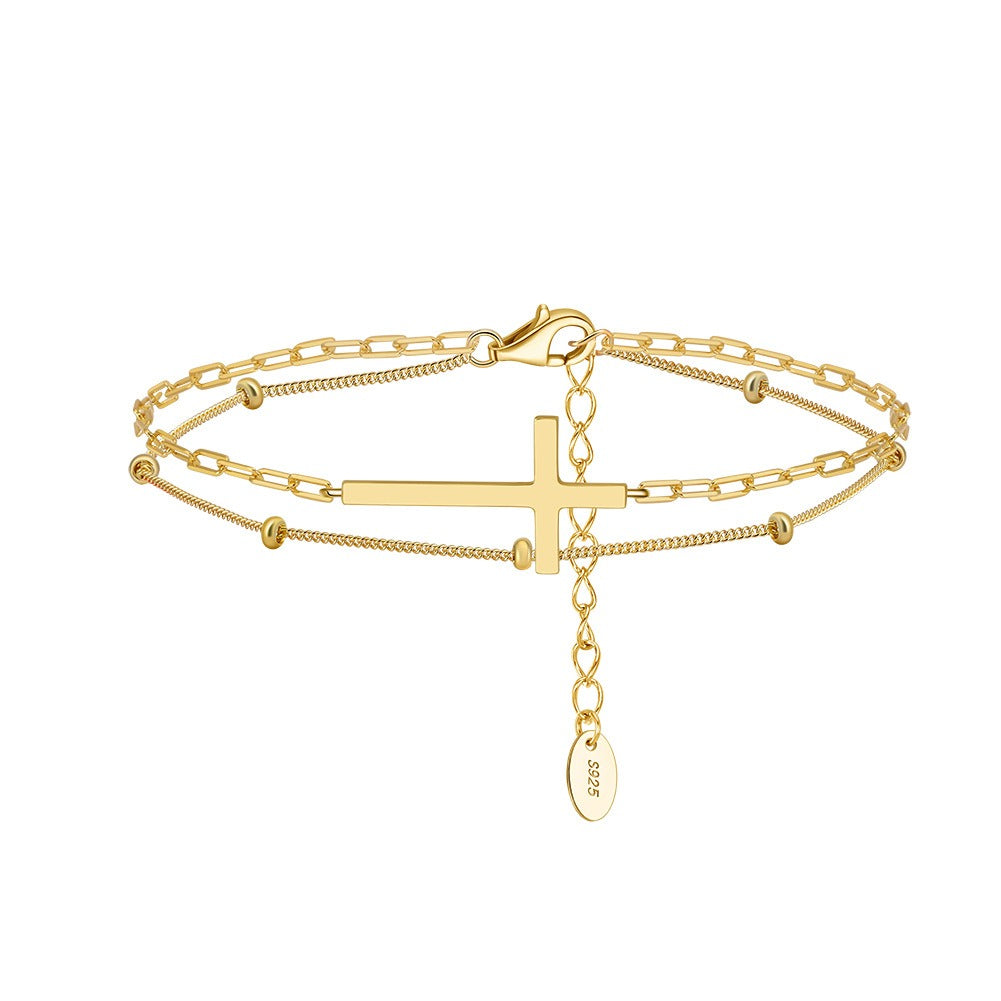 Kemstone 925 Sterling Silver Cross Bracelet for Women Layered Chain Gold Silver SB197