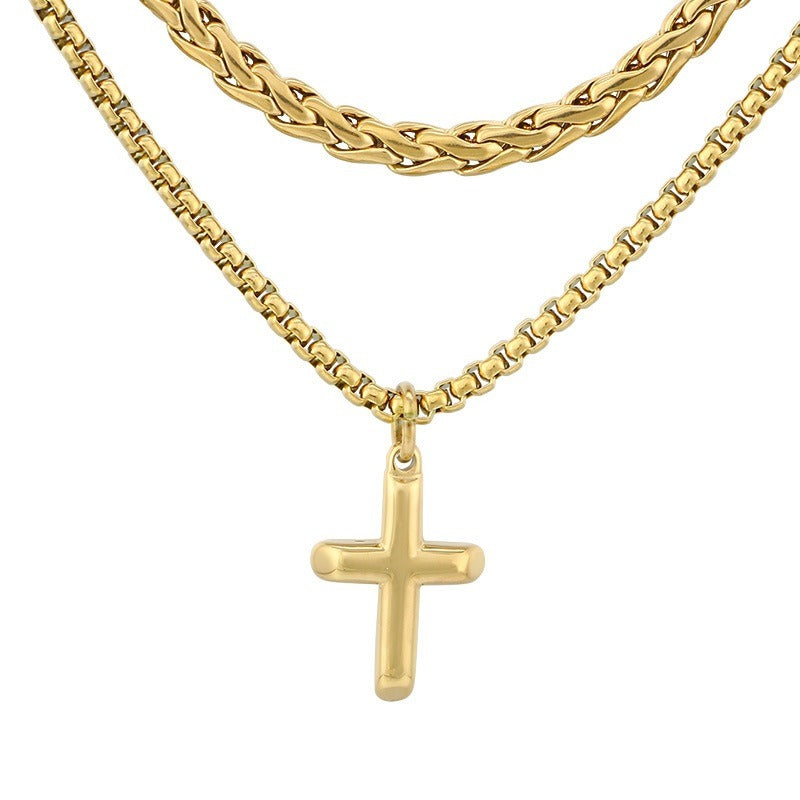 Kemstone Titanium Steel Cross Pendant Necklace for Men, Layered Box Chain Double Chain Gold Silver Black KN283141-KFC