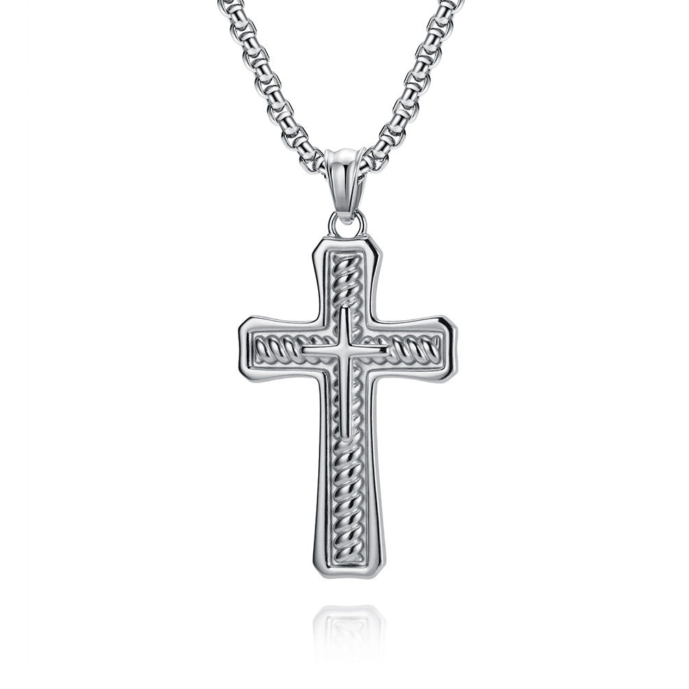 Kemstone Stainless Steel Layered Cross Pendant Necklace Rope Texture Detail for Men K-PT716