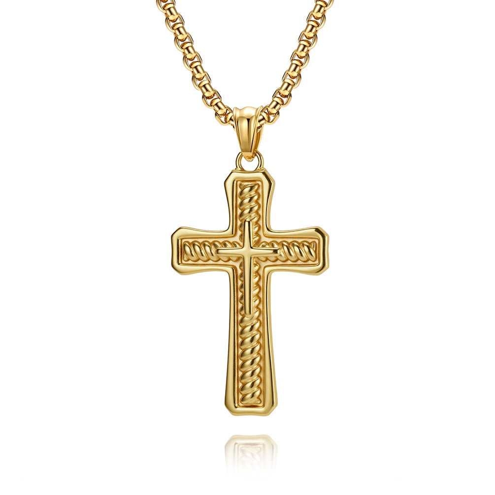 Kemstone Stainless Steel Layered Cross Pendant Necklace Rope Texture Detail for Men K-PT716