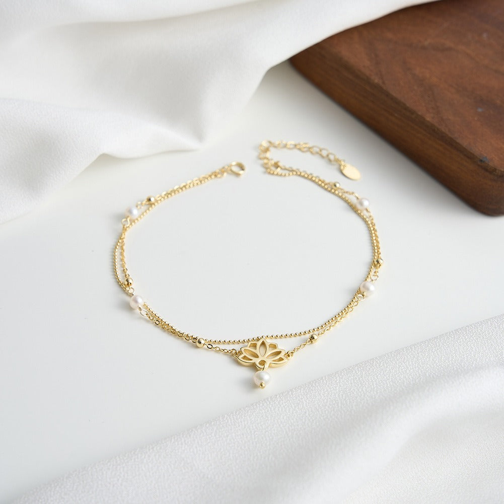 Kemstone 925 Sterling Silver Lotus Anklet for Women Layered Freshwater Pearl Gold Silver SA100